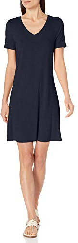 Amazon Essentials Vestido con Vuelo de Manga Corta con Cuello en Pico Mujer, Azul Marino, XS