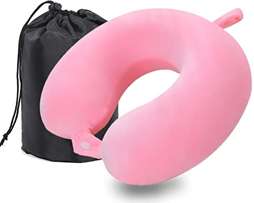 MASMAS Almohada de Viaje, Almohada para Cuello Viscoelástica de Espuma Memoria, Cómoda para la Cervical, Ortopédica Soporte de Nuca para Viajar Coche Avión Bus (Rosa)
