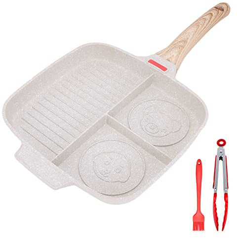 Bobikuke Sartén Cuadrada, Sartén Antiadherente 3 en 1 de Desayuno Olla de Aluminio de Varias Secciones, para Hacer Huevo Frito Bistec Tocino, para todo tipo de cocinas incluida inducción - Blanco
