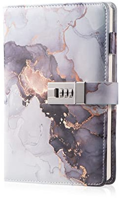 Marble Diary with Lock for Girls and Women, A5 Leather Locked Journal for Teen Girls, Secret Cute Password Lock Notebooks with Pen Holder for Travel Diary Office Notepad