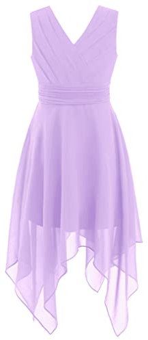 Freebily Enfant Robe de Soirée Cocktail Taille Froncée Double V Cou Asymétrique Robe Danse Ballet Fille Princesse Robes Bustier en Mousseline Doublure Satin Violet 12 Ans