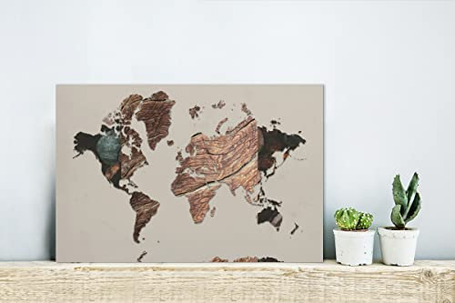 MuchoWow Glasbild Glasfoto Wandbild Bilder Deko 30x20 cm Weltkarte - Holz - Braun