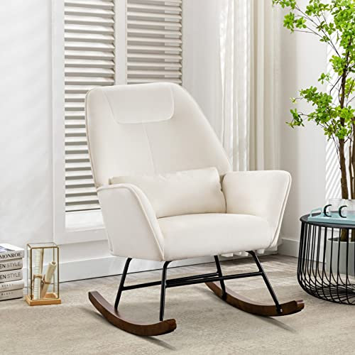 Schaukelstuhl Samt Kinderzimmer Relaxstuhl Wohnzimmer gepolsterter Schaukelstuhl mit Beine und Taillenkissen aus Massivholz Design Relaxsessel Samt Schwingsessel für Balkon Lese-Schlafzimmer (Beige)