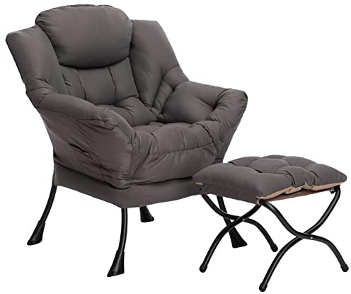HollyHOME Lazy Chair with Foldable Ottoman, Accent Comfy Lounge Armchair and Folding Footrest Stool, Leisure Sofa Reading Chair and Footstool for Living Room, Bedroom, Dorm,Dark Grey