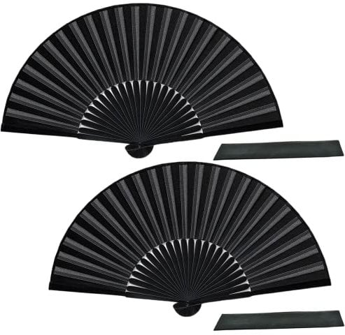 Hand fan folding,folding fan- 2 PCS Black Silk handheld fan folding for Dance Performance, Wedding Favors, Cosplay & Home Decor