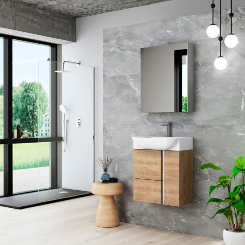 Mueble de Baño Suspendido a Pared Fondo Reducido Versa | Mueble Aseo Pequeño Volado 1 cajón 2 Puertas con Lavabo Cerámico | Roble Natural Tirador Cromo | 55cm