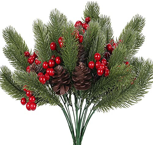 FINDIR 4pcs Künstliche Tannenzweige mit Zapfen und Beeren Tannenzweige Künstlich Weihnachten Tannenzweige Deko Künstliche Beerenzweige Weihnachten für Weihnachten Kranz und Girlande