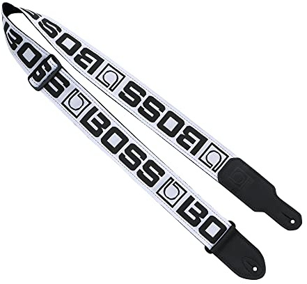 BOSS BSM-20-WB High Quality Instrument Straps in White with Black Logo | Featuring the BOSS Monogram Logo | Two-inch wide Polyester Material for Comfort and Durability | For Guitar, Bass & More
