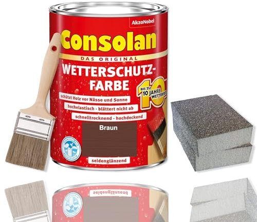 Consolan Wetterschutzfarbe Set 2,5 l Holzfarbe Dauerschutz Deckend mit Zubehör (Braun)