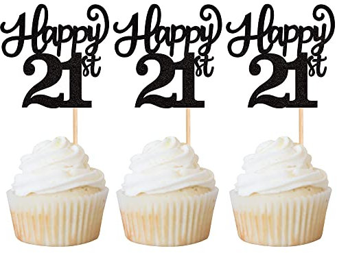 Rsstarxi 30 Stück Happy 21st Cupcake-Topper schwarz Glitzer Twenty-one Cheer to 21 Years Old Number 21 Birthday Cupcake Picks for Happy 21st Birthday Anniversary Party Kuchen Dekorationen Supplies