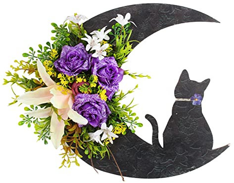 Katzen Mondkränze Blumenkranz Deko zum Aufhängen,Mond Katzenkranz Künstliche Pflanzenhalbmonde Haustür Deko,Ganzjährig Girlande Dekoration,Wanddekoration Halloween Katzen Türkranz (Schwarz, 30cm)