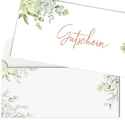 heaven+paper 50 Blanko Gutscheine mit Umschlägen zum Ausfüllen Geschenkgutschein für Restaurant, Massage, Nagelstudio, Friseur, Beauty, Einzelhandel, B2C (Greenery)