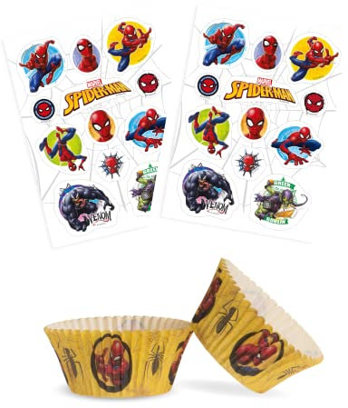 Dekozauber24 Spiderman Set 24x Essbare Muffinaufleger + 25x Muffinschalen, essbare Tortendeko für den Kindergeburtstag, Deko Muffin Cupcakeförmchen