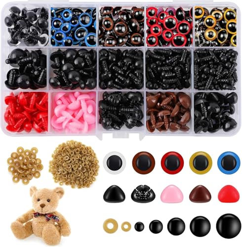 QINGHEC 752 Stück Sicherheitsaugen und Nasen für Häkeltiere, 5-12 mm Amigurumi Augen zum Häkeln, Kunststoffaugen, Puppenaugen mit Unterlegscheiben für Spielzeuge DIY Basteln