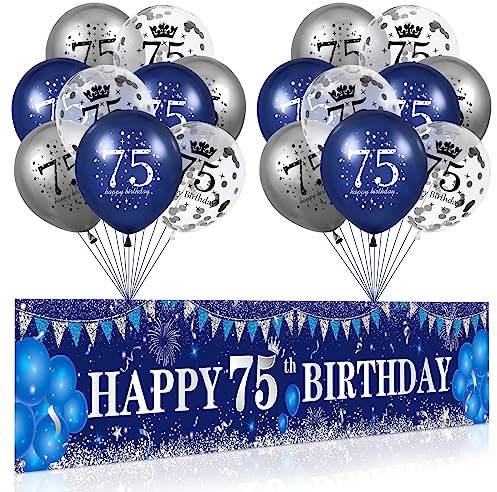 Blue 75th Birthday Decorations for Men Women, Navy Blue Silver Happy 75th Birthday Banner and Balloons for 75 Years Old Party Decorations Supplies