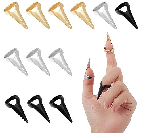 NBEADS 15 Pcs 3 Colors Finger Claws, Metal Finger Nail Tip Claw Rings Punk Fingertip Claw Rings for Cosplay Nail Art Holiday Party Halloween, Light Gold/Platinum/Electrophoresis Black