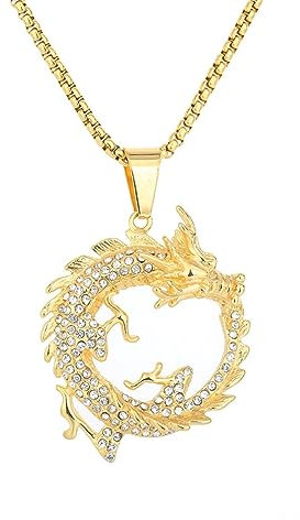 Collier Dragon Ouroboros pour Homme, Collier de dragon chinois hip hop, Collier pendentif tête de dragon viking nordique avec chaîne de 23,6 po, Pendentif dragon punk rock en acier inoxydable