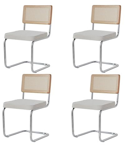 BenyLed Pack 4 Sillas de Comedor Estilo Nórdico Silla Escandinava; Sillas de Cocina Modernas con Respaldo de Madera Maciza de Ratán y Asiento Tapizado (Blanco Polar)