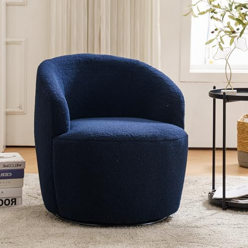 DEKKETO Teddy-Drehsessel, Runder Boucle Sessel mit 360° Drehbarem Metallfuß, Bequemer Gemütlicher Drehstuhl Ohne Rollen Schminktisch Stuhl Armlehnstuhl Lesesessel, Blau