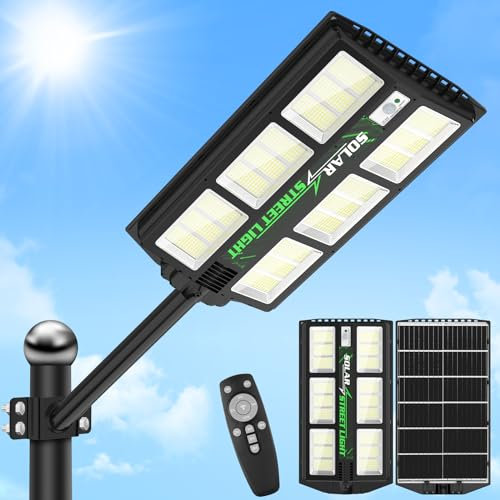 Viugreum 1200W LED Réverbères Lampadaire Solaire Exterieur avec Télécommande, 6500K 1170 LEDs Spot Solaire Extérieur Détecteur de Mouvement IP65 Etanche LED Réverbères Solaire pour Jardin Patio Rue