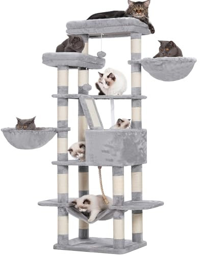 Heybly Rascador para Gatos, Árbol para Gatos, Altura 173 cm, Torre de Gato, con 17 Postes Rascadores, 2 Plataformas, 2 Cesta, 1 Cueva, 1 Hamaca, 2 Pompones, Tela de Felpa, Gris Claro HCT025W