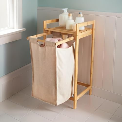 Bamboo Laundry Basket with Removable Pull-Out Bag and Storage Shelf Laundry Hamper for Bathroom, Bedroom, Laundry Room