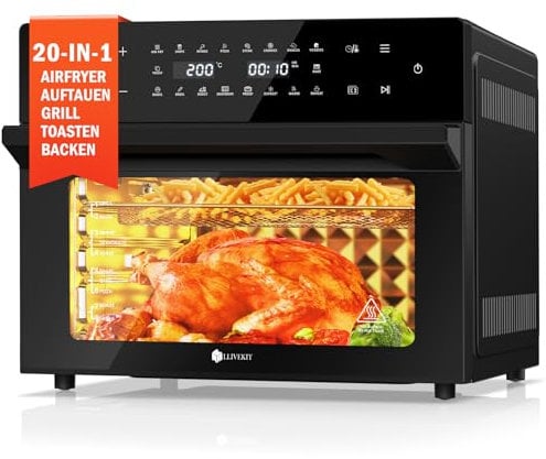 LLIVEKIT 30L Air Fryer Oven XXL with Rotisserie, Mini Oven with 20 Programs, 9 Accessories, LED Touchscreen, Stainless Steel Liner, Double-layered Glass Door, Recipe Book