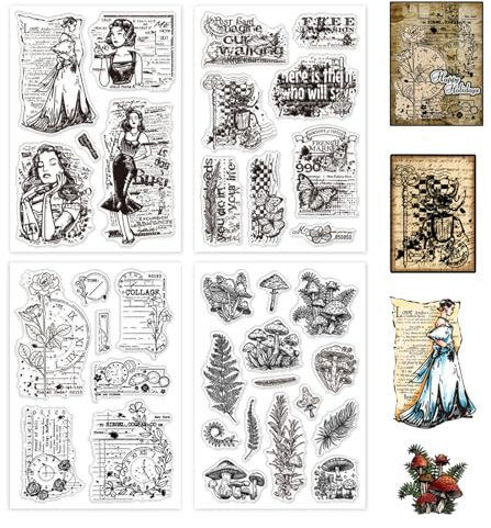GLOBLELAND 4 Blatt Retro Pflanzen Stempel Zum Gestalten von Karten Figuren - Damen Silikon Siegel Insekten Transparente Für DIY Scrapbooking Tagebücher Dekorative Fotos
