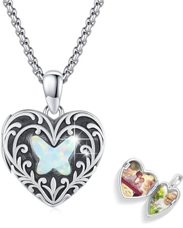 REDSUN Herz Medaillon Halskette 925 Sterling Silber Schmetterling Foto Kette Opal Anhänger Amulett für Damen Fotos Medaillon Herz Schmuck Geschenke für Frauen Mädchen