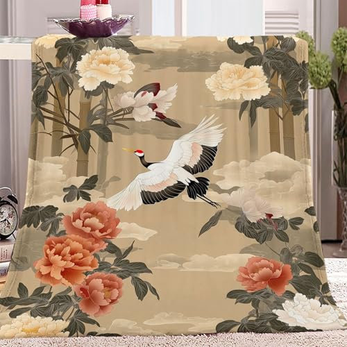 Decke Weich Flanell Plüsch Fleece Wohndecke Orientalische traditionelle Blumen und Vögel Muster Überwurf, Leichte Gemütliche Plüschdecke Hellbraun für Schlafzimmer Wohnzimmer Sofa Decke 150 x 200 cm