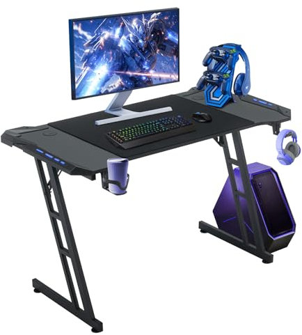 Bureau Gaming Led 120x60, Table Gaming Informatique Ergonomique avec Lumière RGB , Bureau Gamer en Forme de Z Stable, Table Gamer avec Porte-Gobelet et Crochet pour Casque, Plateau en Fibre de Carbon