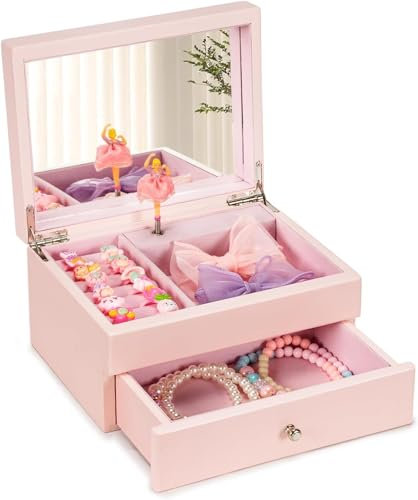 Emfogoo 2 Livelli Portagioie Bambina, Porta Gioie Bambina con la Ballerina Che Gira, Portagioie Carillon Bambina Legno, per le Bambine, Natale, Festa dei Bambini, Compleanno, Capodanno, Regalo (Rosa)