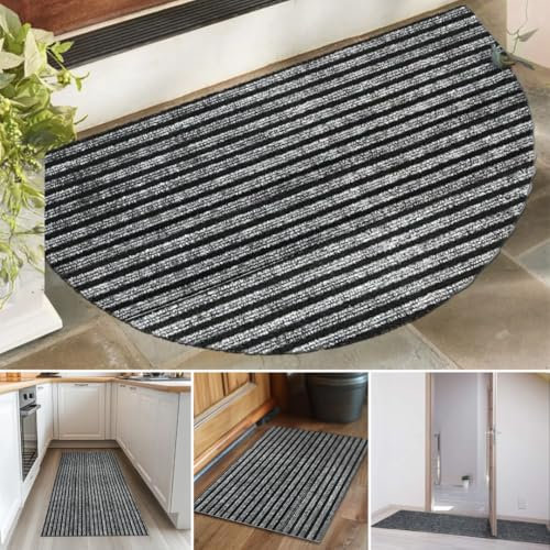 Nicoman Cut To Size Front Door Mat Inside Outside, Striped Dirt Trapper Mats Indoor, Anti Slip Door Matt, Absorbent Shoe Scraper Doormat, Entrance Muddy Mats for Dogs Paws Boots (75x44cm Half Moon)