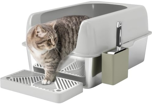 PawHut Lettiera XXL per Gatti in Acciaio Inox, Lettiera Gatto Grande con Paletta in Metallo, Tappetino e Bordi Alti, 60x41x29cm Toilette per Gatti Antiaderente, Antiodore, Facile da Pulire, Litter Box