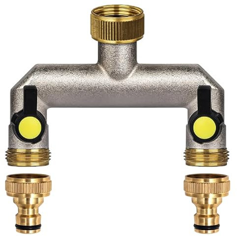Zevmi Distributore acqua rubinetto a 2 vie in ottone. Distributore acqua da 3/4 pollici con 2 pezzi da 3/4 pollici a 1/2 pollici attacco rubinetto per tubi da giardino casa cortile