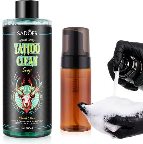VRAIKO Sadoer Savon vert ultra-concentré pour tatouage, 10 oz, avec bouteille en mousse de 120 ml, 1:10, dilution de savon pour tatouages, équipement de peau propre