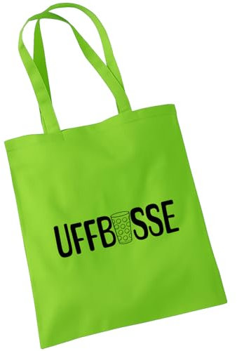 OM3 witzige Baumwolltasche mit Pfälzer Spruch - Uffbasse Dubbeglas - Weinschorle - Schobbeglas - Baumwollbeutel - Tasche - Lange Henkel - Lime Green