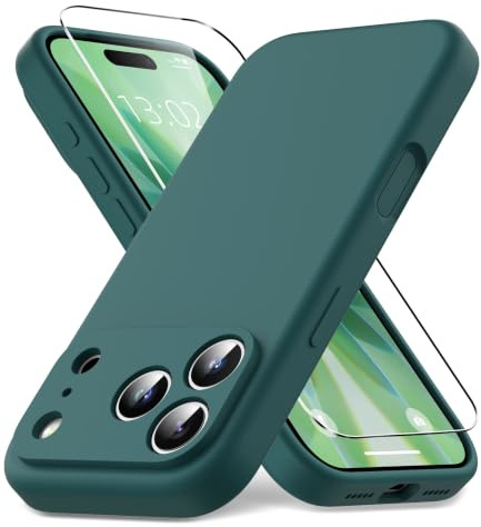 Vansdon Coque pour iPhone 17 Pro,Housse Silicone Liquide Mince, Vert foncé | Doublure Microfibre Anti-Rayures, 1x Film de Protection en Verre Trempé, Protection Antichoc