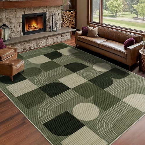 Calinline Teppich Wohnzimmer, Moderne Abstraktem Muster Wohnzimmerteppich, Grün 200x300 cm Kurzflor Wohnzimmer Waschbare Teppiche, Groß Carpet Wollteppich für Schlafzimmer Büro Esszimmer