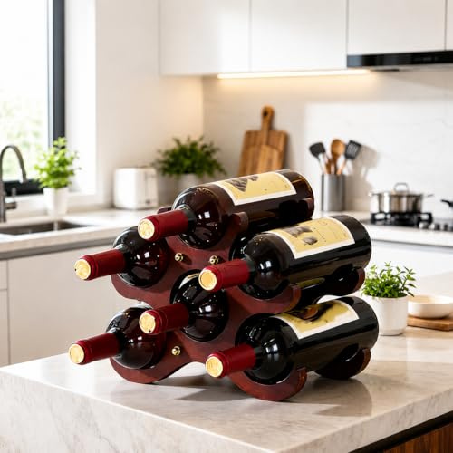Trlyane Botellero de Madera Maciza para 6 Botellas, Organizador Horizontal | Diseño Compacto y Estable, Montaje sin Herramientas, Mantiene las Botellas en Horizontal, para Cocina, Bar, Comedor y Bodega