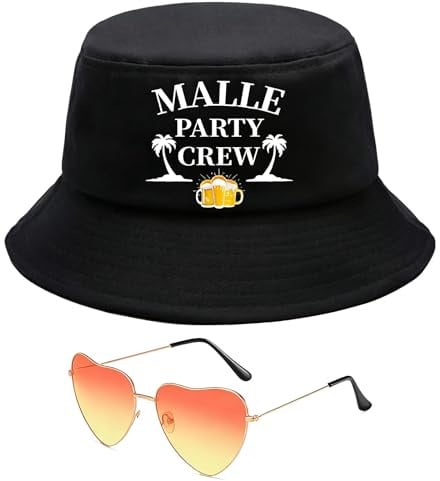 Scinzene Fischerhut Malle Accessoires Set, Mallorca Party Outfit mit Herz Sonnenbrille, Lustiger Hut Schwarz für Malle Outfit Damen und Herren, Festival Outfit Damen für Strand Urlaub