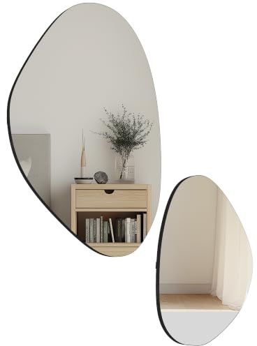 HOMCOM Wandspiegel 2er-Set 70 x 46 cm, 49,5 x 31 cm Metallrahmen Schwarz | Fenster Spiegel, Dekorativer Hängespiegel, Asymmetrisch, Kieselform, Flurspiegel, Schlafzimmer, Wohnzimmmer