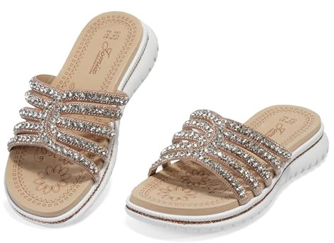 JOMIX Ciabatte Donna Estive Sandali Plateau Eleganti con Strass Comode Pantofole Casual per Mare e Passeggio, WFC260354, Champagne, 37 EU