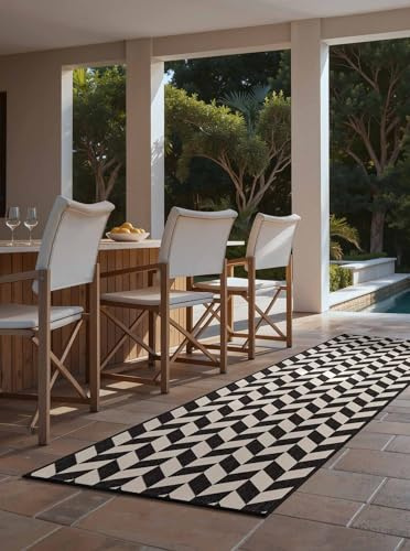 Ted Baker Flachgewebe Teppich Terrick - Flachgewebe Läufer, Pflegeleichter Wohnzimmerteppich, Modern, Zigzag Muster für Wohnzimmer, Terrasse, Esszimmer, Balkon - Schwarz Weiß, 80x200 cm