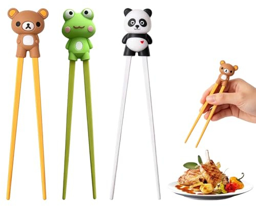 3 Paar Stäbchen Hilfe, Anfänger Essstäbchen Kinder, Stäbchen Zum Essen, Essstäbchen Hilfe, mit bär, Frosch und Panda Design Sushi Stäbchen Kinder, Niedlichen Design Ess Stäbchen