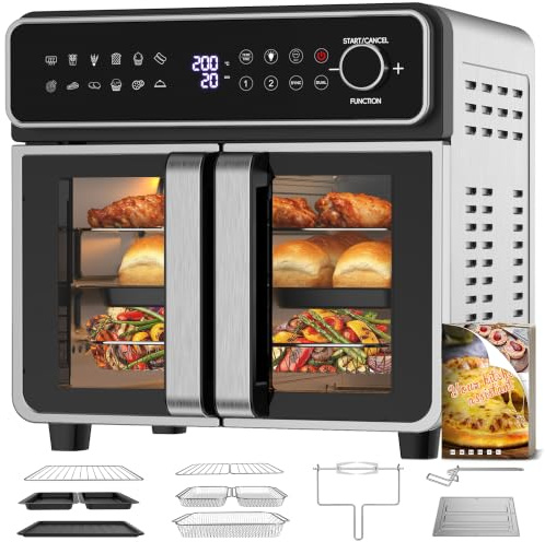23L Heißluftfritteuse Familie, Mini Backofen Einer/Zwei-Zone Garen,Sep Temp | 12-in-1 Französische Türen/Sichtfenster/Integriertes Licht, Heissluftfritteuse 2 Kammern für Familie Airfryer XXL, 200℃/2400W