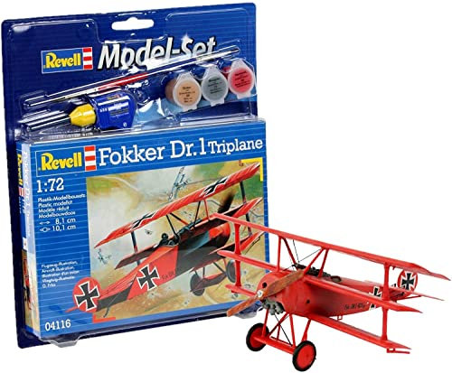 Revell Modellbausatz Flugzeug 1:72 - Fokker Dr. 1 Triplane im Maßstab 1:72, Level 4, originalgetreue Nachbildung mit vielen Details, , Model Set mit Basiszubehör, 64116, Rot
