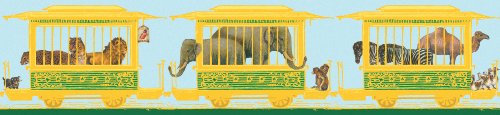3er Set GMM Eisenbahn Bordüre, Tapetenborte - tolle Kinder Tapeten Borte mit Löwe, Zebra und Elefant grün abgesetzt, 3x5m, ideal zum Einzug, Umzug, Renovierung um Zimmer, Küche, Gänge, WC aufzupeppen