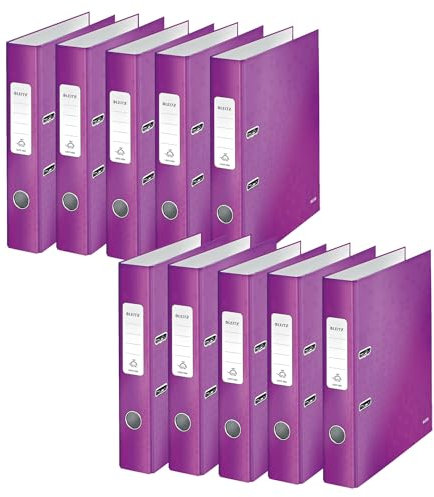 Leitz Qualitäts-Ordner 180°, 10er Pack, A4, schmal, 5,2 cm Rückenbreite, laminierte Graupappe, Violett, WOW Serie, Design kann variieren, 10060062