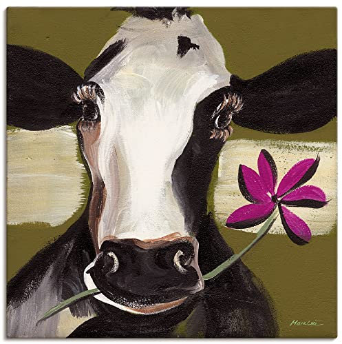 ARTLAND Wanddeko Leinwand Bilder Wandbild 50 x 50 cm Tiere Haustiere Kuh Malerei Grün A7TZ Glückliche Kuh I